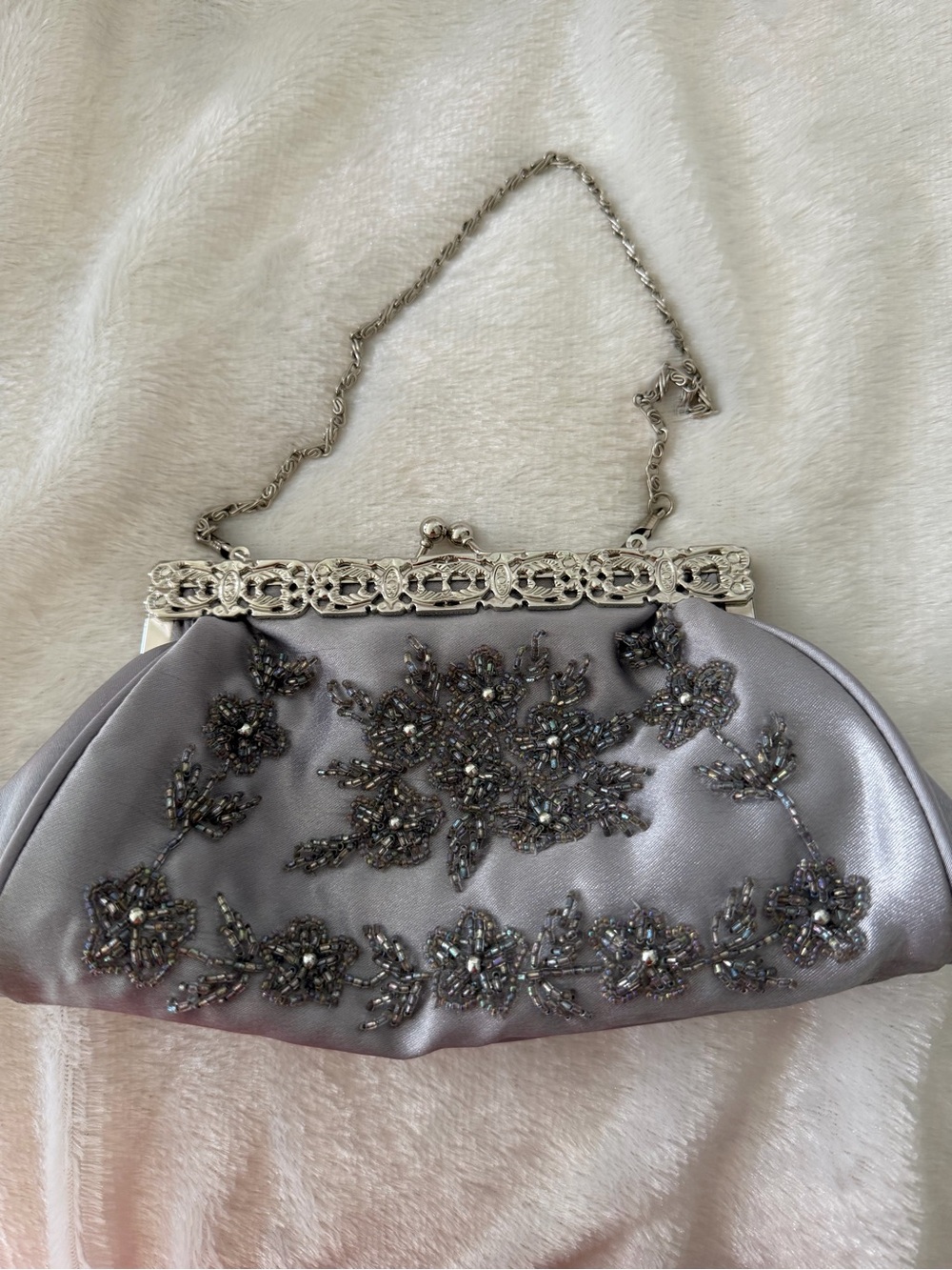 Mariell Silver Beaded Satin Evening Clutch Bag Wedding Bridal Vintage Style